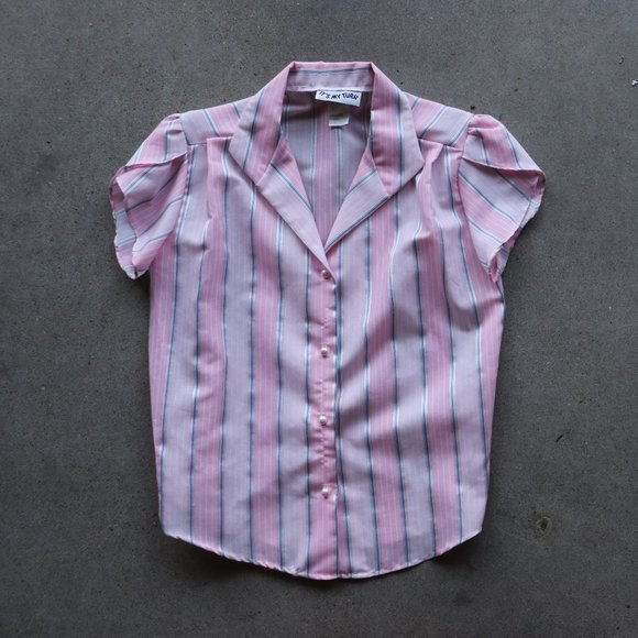 Vintage Tops - Vintage Puff Sleeve Stripe Blouse